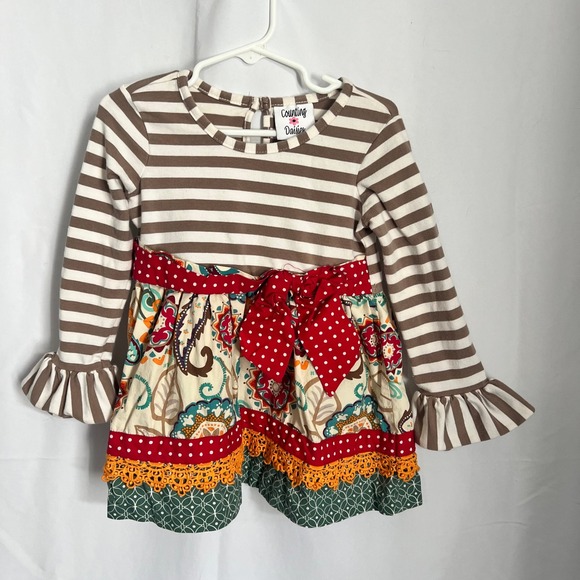 Counting Daisies Girls Dress Brown Stripe Floral Ruffle Long Sleeve - Picture 2 of 6